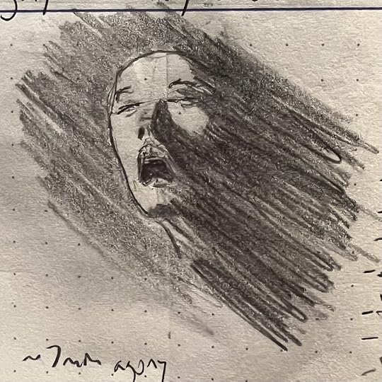 Pencil sketch of a face dissolving into shadows, caught somewhat closer to agony than ecstasy