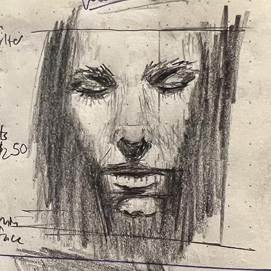 Pencil sketch of a face looming out of shadows, caught in something like quite reflection