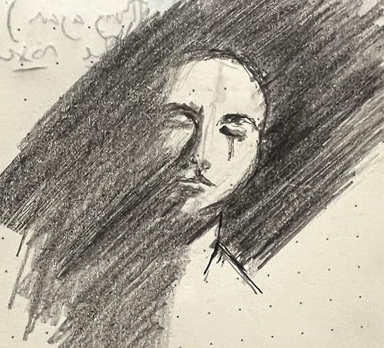 A pencil sketch of a young woman looming out of the darkness.