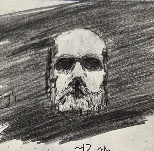 A pencil sketch of a bearded man lit from above with hard shadows that make him look like a floating skull.