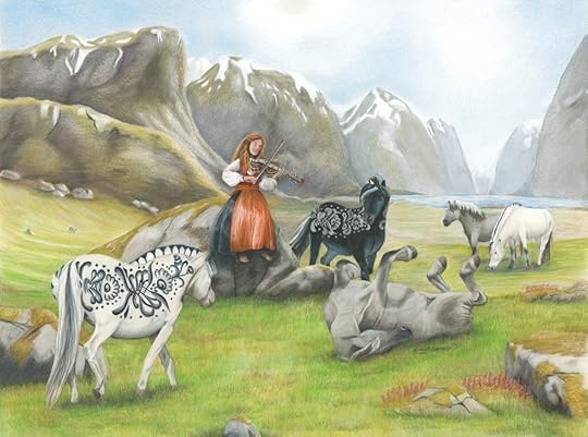 Young woman in Norwegian bunad plays Hardanger fiddle for Norwegian Fjord and Dala horses