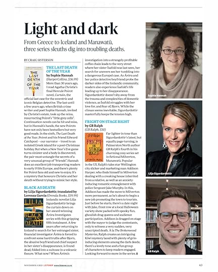 A full page from the New Zealand Listener magazine showing three mystery novel reviews