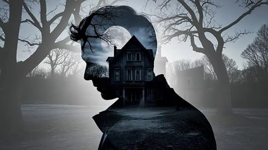 A psychological thriller double exposure photograph featuring a man's stark silhouette as the primary layer, filled with a chilling nighttime scene.