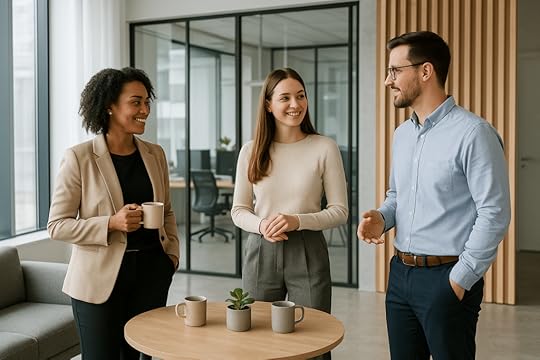 Three marketers in a modern office lounge discussing campaign strategy without any screens or documents.