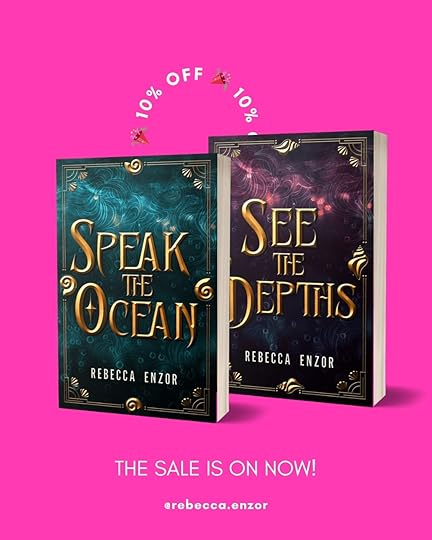 a bright magenta graphic with a paperback copy of Speak The Ocean and See The Depths on it. Above the books it says