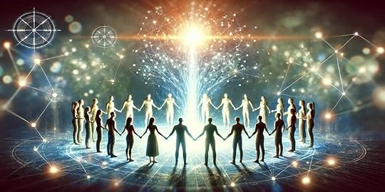 Persone unite in cerchio sotto una luce energetica, simbolo delle egregore e della forza dei pensieri collettivi.