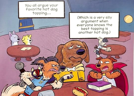 dogs arguing, captions: You all argue your favorite hot dog topping... (Which is a very silly argument when everyone knows the best topping is another hot dog.)