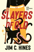 Cover art for Slayers of Old, showing an old man with a cane and a cat with tentacles and extra eyeballs.