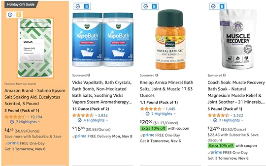 Screenshot einer Amazon-Suchseite für Badesalz, bei der das erste Ergebnis (Solimo Epson Salt) von der orangen Markierung der Brand Detector App umgeben ist. Über dem Bild im Ergebnis befindet sich ein kleines 
