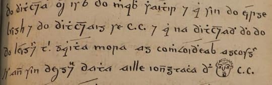 a few lines of a manuscript of Oidheadh Con Culainn, describing the moment in which Lugaid beheads Cú Chulainn (who is already dead). towards the end of a line, the word "ceann" (head) has been replaced by a doodle of a person's face/head, a little bigger than the letters around it but not much. 