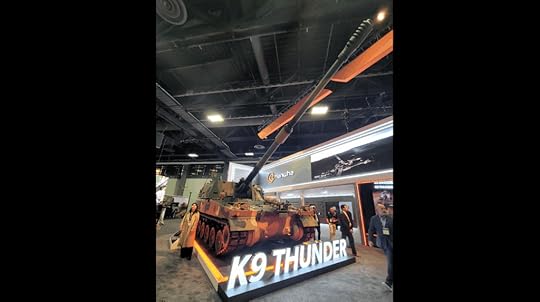 Hanwha Defense USA pitches its 155 mm, 52-caliber K9 Thunder self-propelled howitzer at the Association of the US Army's Annual Meeting & Exposition in Washington, DC. (Rachel Cohen/Breaking Defense)