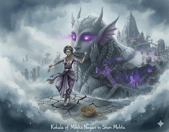 A detailed watercolor illustration from Shon Mehta's 'Stories of Jivavarta.' The image depicts 'Kekala of Mihika Nagari,' a dancer in a flowing purple and gold outfit, performing on a cracked stone platform amidst swirling grey-blue mist. She is performing before a colossal, stylized stone statue that is the sleeping form of the banished sea goddess, Varavani. The goddess's dragon-like head, with horns and fins, glows with ethereal purple light in its eyes and deep carvings. This colossal figure forms the foundation of the ancient stone temple-city, Mihika Nagari. The dancer, who is likely one of the 'Alohita Dancers,' has a basket nearby, representing the city's commerce and pleasure-seeking culture built upon the goddess's stony grief.