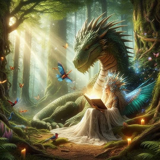 The Holy Goddess Gaia and a huge, scaly dragon read a book together sitting in the enchanted Gaia's forest, surrounded by large trees and flying birds and butterfles