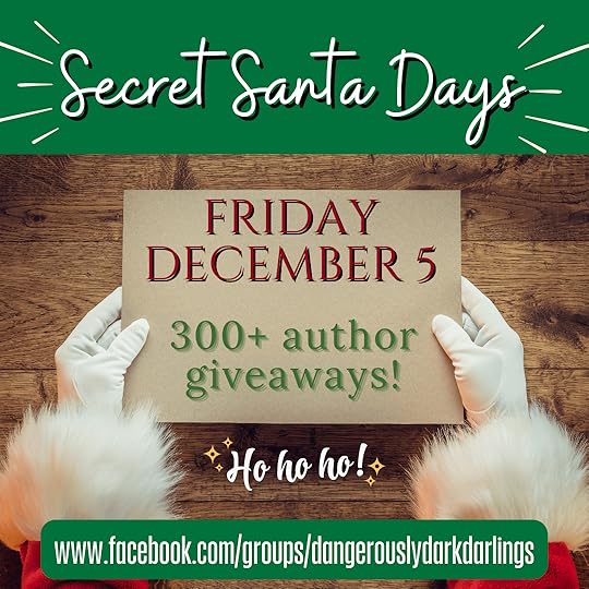 Santa's hands holding a sign about a book giveaway