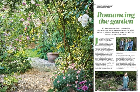 Double page spread from Amateur Gardening showing first 2 pages of feature Romancing the Garden. Large image showing brick path through pretty garden with pink, white, purple blossoms. Image of Jo Thompson in her garden, Image of Jo Thompson with actor Cate Blanchett andDeli Hamilton-Steve.