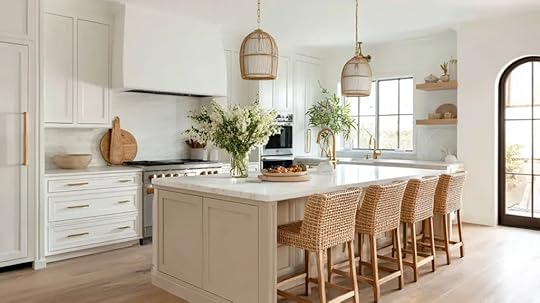 beige island in a ehite kitchen