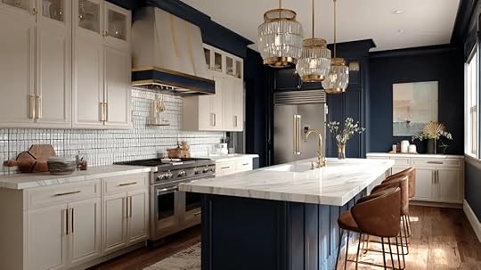 beige cabinets navy walls