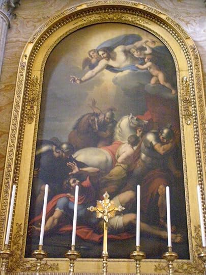 A religious painting depicting a scene with Jesus, angels, and soldiers, framed in an ornate golden frame, placed above an altar with candles.