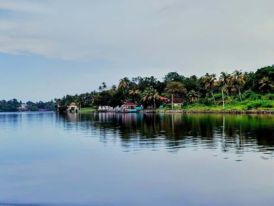 Small houses and boat jetties along the shore of Ashtamudi Lake