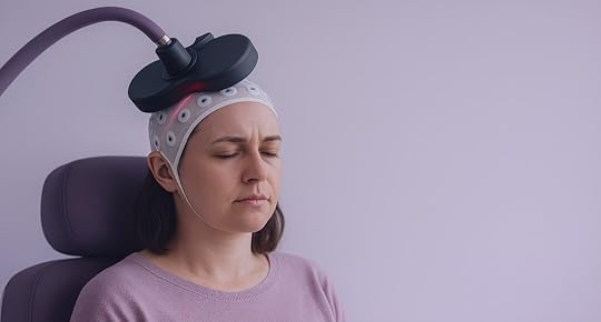 Woman seated in a clinic receiving TMS, centered in frame with eyes closed, cap on, TMS coil over her left temple against a soft lavender background, showing migraine discomfort.