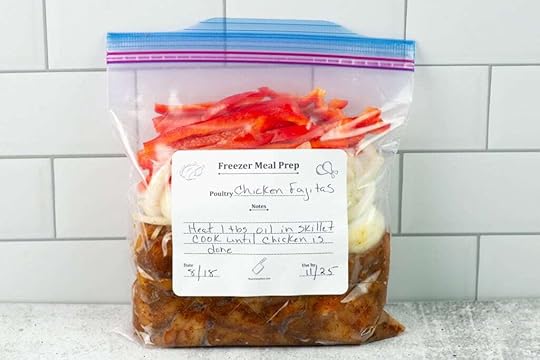 Zip topped bag filled with chicken fajita ingredients.