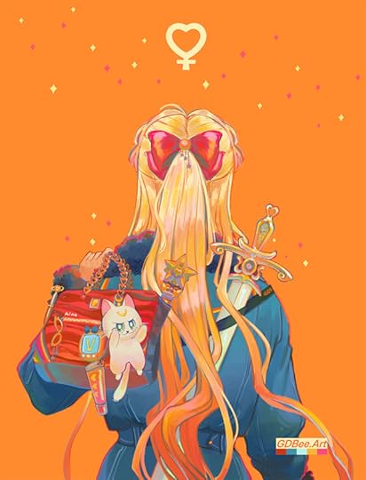 Fanart of Minako Aino from the back. She's holding a fancy purse with multiple accessories, including a tamagotchi, senshi wand and Artemis lafufu. She's wearing a denim coat with a sword attached. Drawn by gdbee/prinnay in Nov 2025