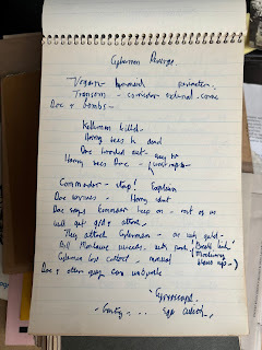 Page of handwritten notes by Terrance Dicks on "Cybermen Revenge"