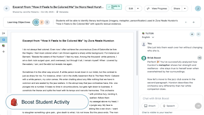 A screenshot of a Brisk Boost reading activity. The text students are reading is on the left side and the chatbot conversation is on the right side.