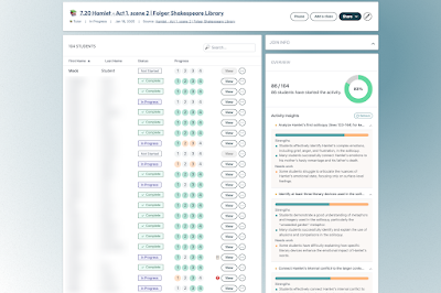 The teacher dashboard shows a list of names (blured out) and four colored dots next to each name to indicate progress.