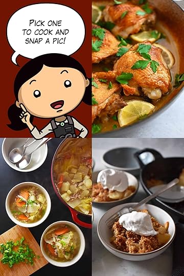 A cartoon Michelle Tam is pointing out the recipes in the November Cooking Challenge: Lemon Garlic Chicken, Napa Cabbage Soup, and Apple Crisp.