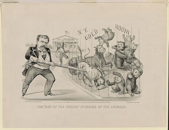A political cartoon depicting a man wielding a stick labeled '160 FOR A MILLION' while interacting with various animals symbolizing the chaotic stock market dynamics of the 1869 gold crisis.
