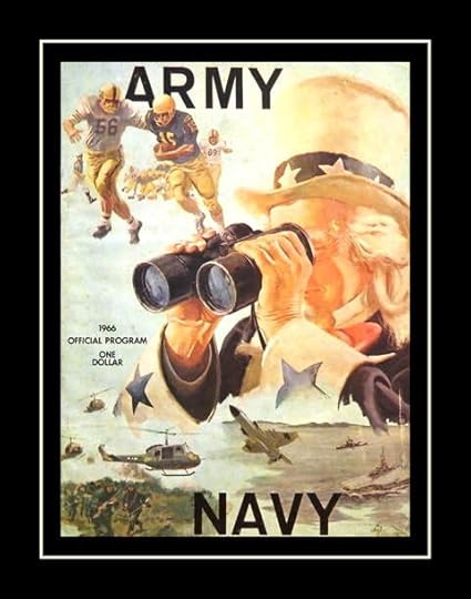 A vintage illustrated cover of the 1966 Army-Navy football game program, featuring a depiction of Uncle Sam looking through binoculars, football players, and military scenes.