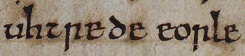 An ancient manuscript fragment featuring the text 'uhtre de eople', likely related to Uhtred of Bebbanburg.