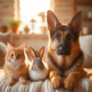 cat, rabbit, and german shepherd dog feature in the Auntie Clem's Bakery cozy mystery series by P.D. Workman