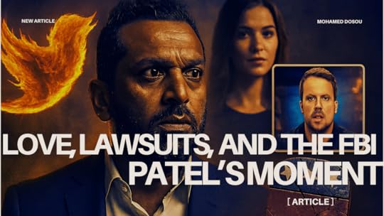 A dramatic composite: center image of Kash Patel in the foreground, looking strained; behind him, a blurred image of Alexis Wilkins and a pop-up video frame of Elijah Schaffer; to the side, stylized X/Twitter flames and the MAGA Republican elephant fractured by a crack. Overlay text: âLove, Lawsuits, and the FBI: Patelâs Momentâ