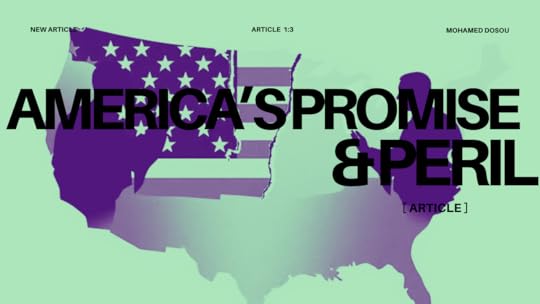 A stylised image of the U.S. flag partially overlaid on a map of the United States, slightly âcrackedâ or âfrayedâ at the edges. Silhouettes of two figures representing left wing and right wing on opposite sides, with a subtle crescent-star icon in a corner to signify U.S./Arab-Muslim relations. Title overlay: âAmericaâs Promise & Perilâ.