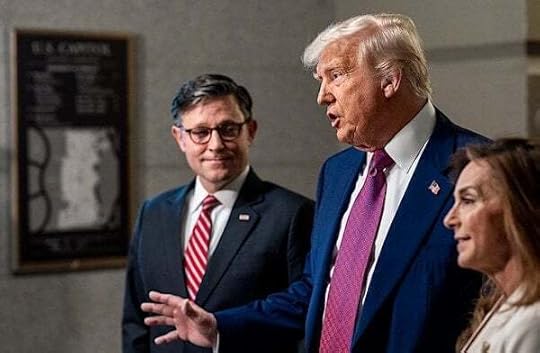 President Donald Trump and Speaker of the House Mike Johnson speak to members of the media at the U.S. Capitol in Washington, D.C., Tuesday, May 20, 2025, before meeting with the House GOP Conference about passing his budget bill. (Official White House photo by Molly Riley)