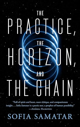 The Practice, the Horizon, the Chain by Sofia Samatar. The image is a set of interlocking circles against a sea of stars.