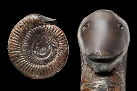 Two aspects of the same carved ammonite, cut to look as though it has a snake's head.