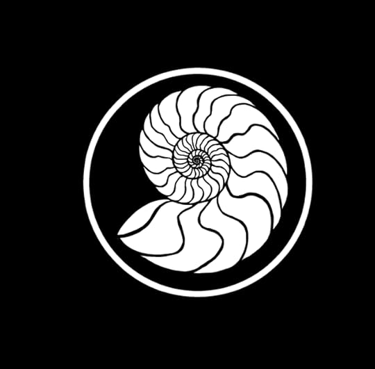 black and white image of a circle inside which is a stylised ammonite