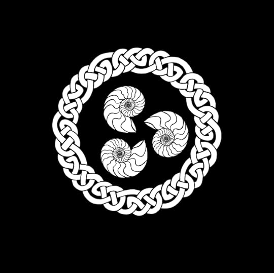 black ad white circle of Celtic interlace inside which are three ammonites forming a pseudo-triskele