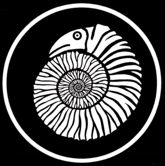 A bw drawing of a baculite ammonite carved with a snake head