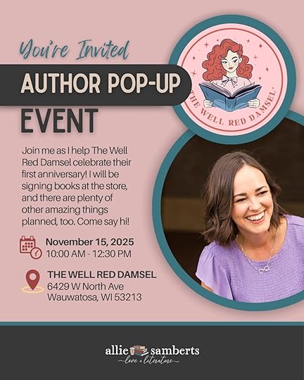 Information for Allie's author signing pop up at The Well Red Damsel on 11/15