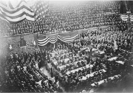 A historical black and white photograph of the 1880 Republican National Convention, filled with a large audience and decorated with American flags and bunting.