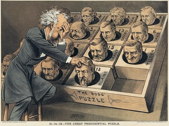 A political cartoon depicting a frustrated man pondering over a box labeled 'THE BOSS PUZZLE,' featuring the heads of various historical political figures, symbolizing the challenges of presidential nominations.