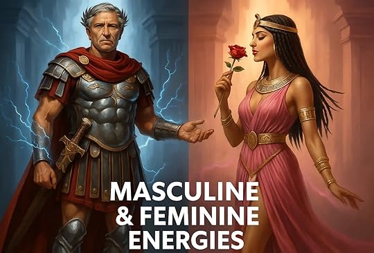 representation of masculine vs feminine energy with Caesar and Cleopatra portrayed in stereotypical masculine and feminine clothes, colors, and poses
