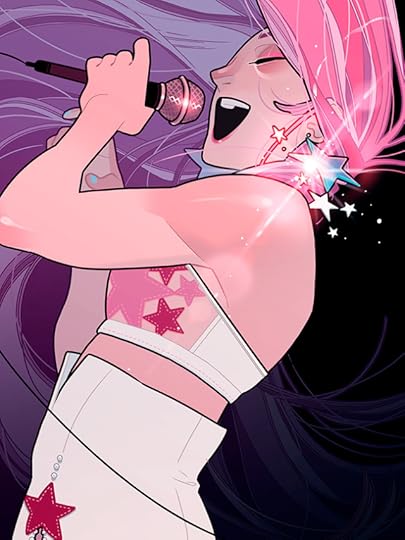 An illustration of Jem from JEM AND THE HOLOGRAM. She's arching back, belting into her microphone. Big smile on her face, and her trademark earrings sparkling.