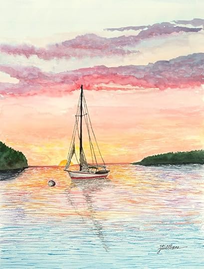 A sailboat at sunset, one of my father's many, many watercolor paintings.