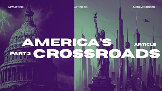 A split-image: one side shows a fractured, stormy U.S. Capitol dome; the other side is a futuristic skyline representing renewal, technology, and diversityâsymbolizing America between decline and reinvention.