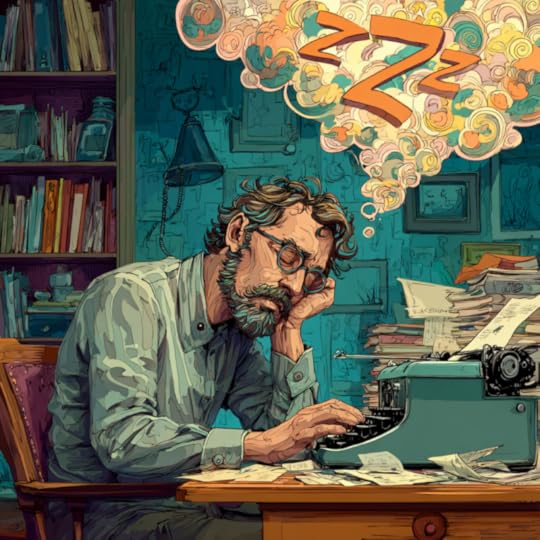 A tired man with glasses leans on his hand while sitting at a cluttered desk with a typewriter, surrounded by stacks of papers and a bookshelf in a cozy room. Dream-like clouds with 'zzz' are above his head, suggesting he is falling asleep.